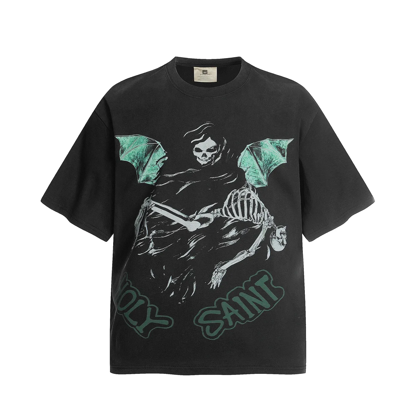 VT9244 P140💰 SAINT Michael "Skull Death" punk style printed retro washed distressed short-sleeved T-shirt Small neckline design White ink digital direct printing High street retro heavy distressed washed Vintage short sleeves Size: S M L XL
